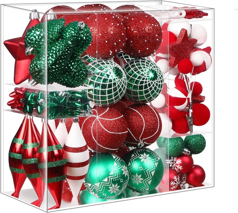 SHareconn 112ct Christmas Tree Balls Ornaments, Colorful Shatterproof Plastic Decorative Baubles for Xmas Tree Decor Holiday Wedding Party Decoration with Hanging Hooks, Red & Green & White - Image 1